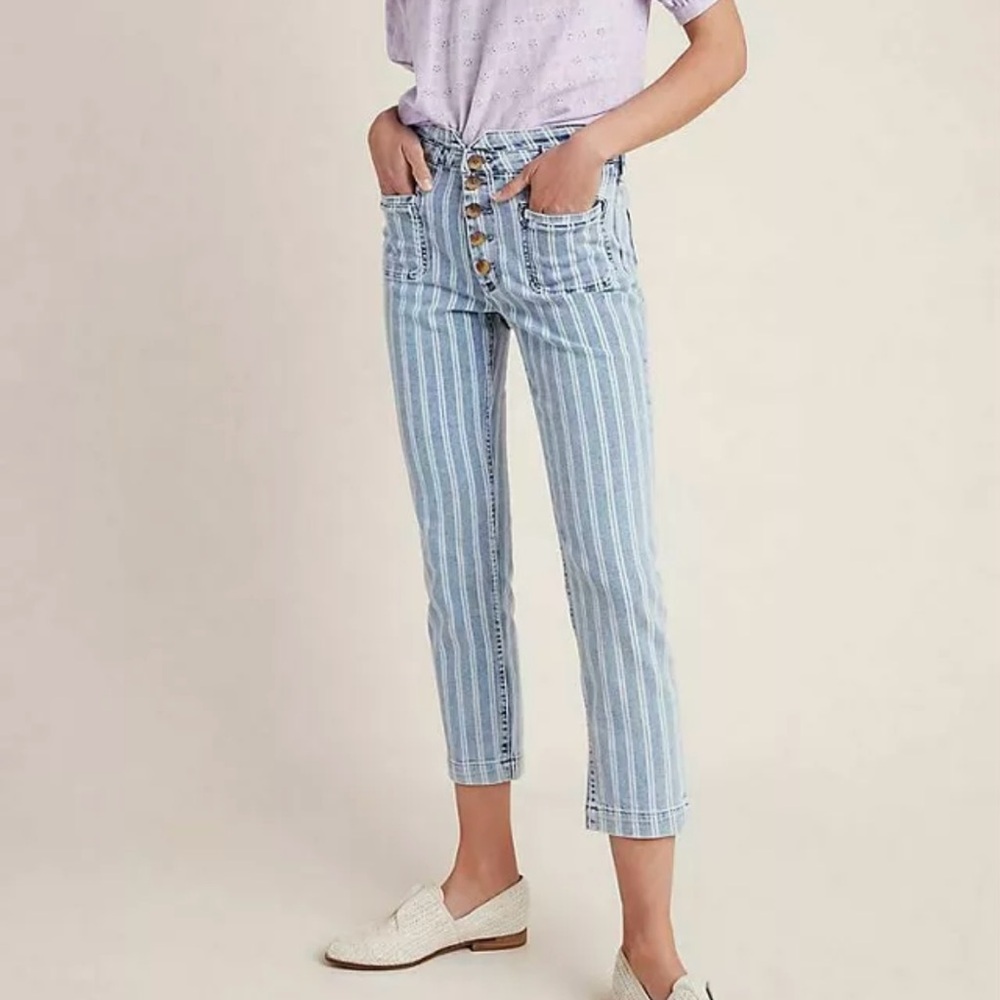 Pilcro Anthropologie High Rise Railroad Stripe Blue Slim Jean 27